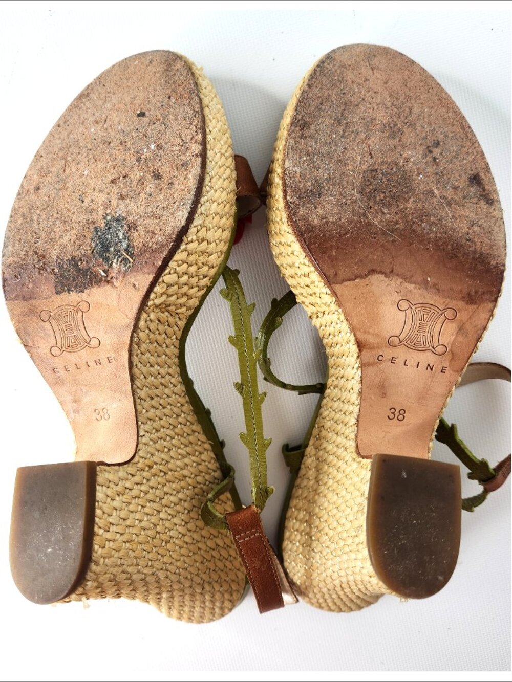 CELINE vintage 38 woman ROSEBUDS Leather & raffia Platform Sandals Authentic - Picture 5 of 5